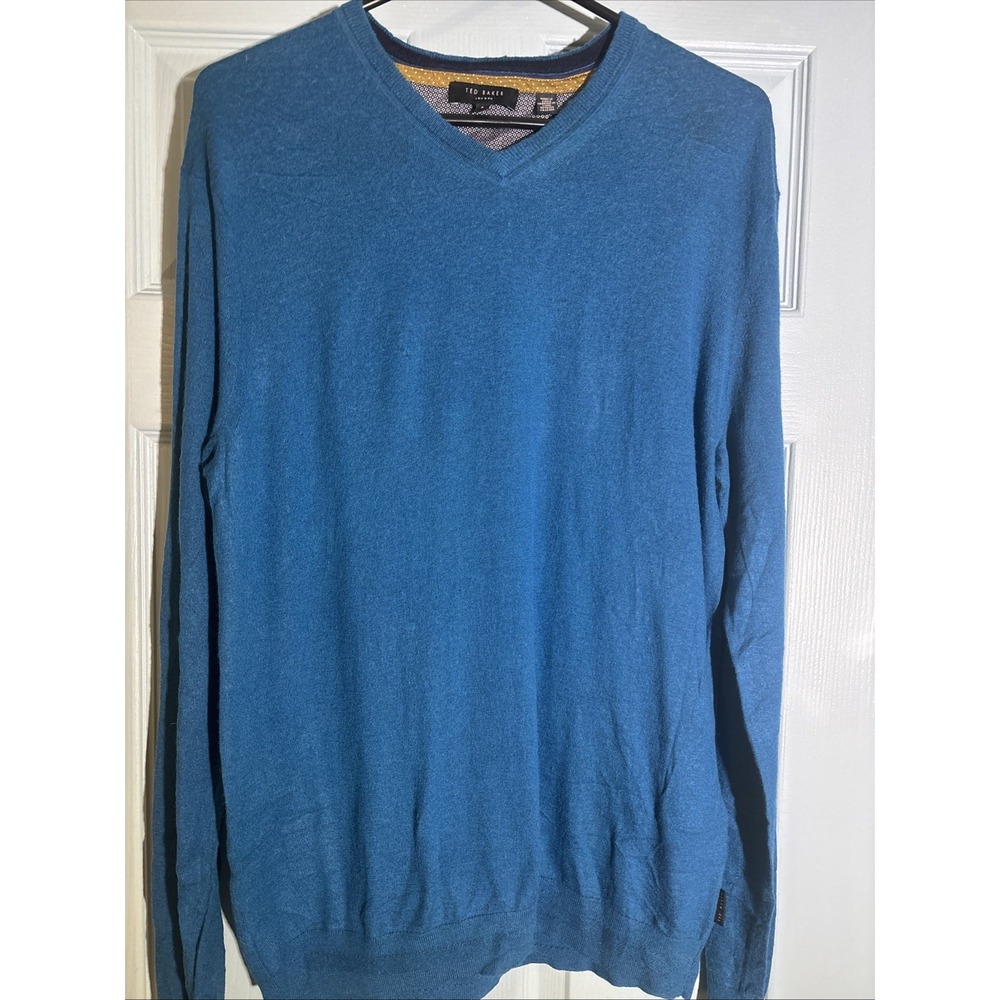 Ted‎ Baker Sweater Men Size 6 XL Wool Blend Knit V-Neck Blue Classic Pullover